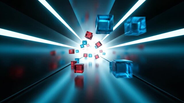A perspective of vibrant cubes in a futuristic, neon-lit tunnel