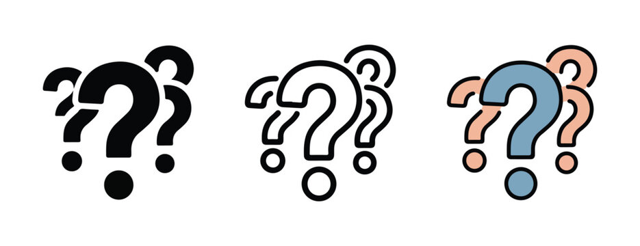 A set of colorful question mark symbols in different styles and colors on white background  used for queries and uncertainties
