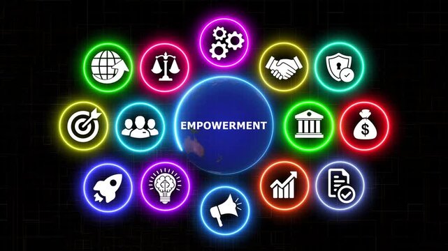 Empowerment global animation with neon icons and revolving earth sphere.