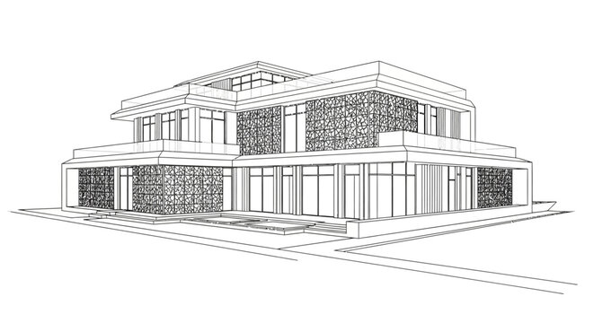 Modern Architecture Wireframe Design of a Contemporary Commercial Building for Urban Planning and Construction