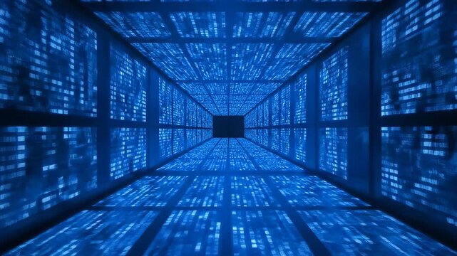 A perspective view of a digital corridor with illuminated blue square window patterns