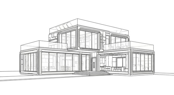 Modern Two Story House Architectural Wireframe Blueprint for Luxury Home Design and Construction Planning