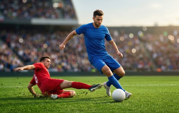Intense soccer match with player sliding to tackle the opponent