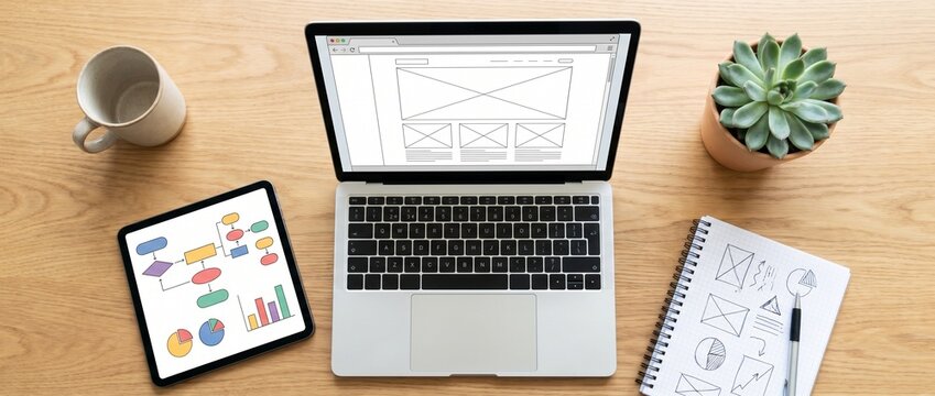 Top view of a digital designer's workspace with a laptop, tablet, and notebook for website prototyping and UI UX planning