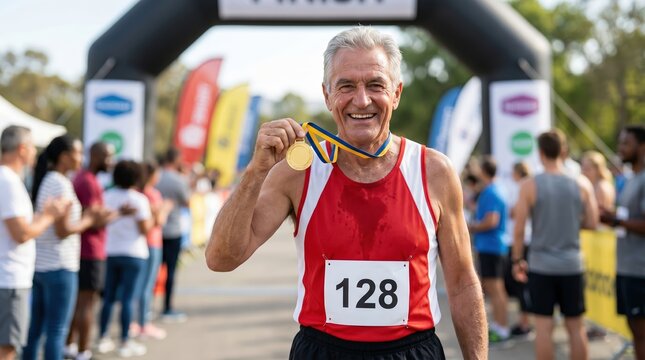 Accomplished older athlete smiles holding his hard-earned medal after a great run