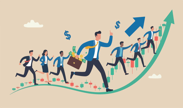Success trader make profit with investment trading, stock market growth, get rich Crypto trading concept, confidence teams businessman investor money running on candlestick graph