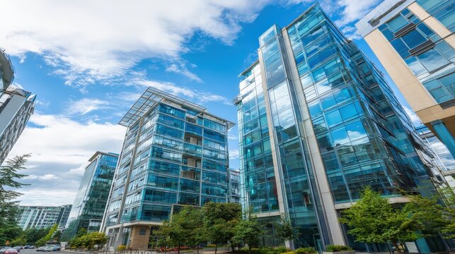 A modern urban skyline featuring sleek glass buildings under a bright blue sky with scattered clouds and lush greenery at the base.