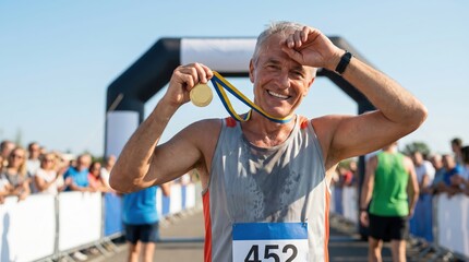 Obraz premium Senior Male Runner Celebrating Marathon Victory With Gold Medal Finish