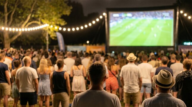  Crowd of football fans watching a live broadcast of a soccer championship match on a big screen in an outdoor park at night.