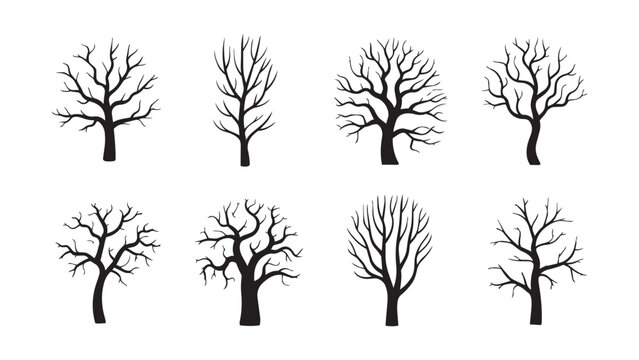 Eight silhouette bare trees in winter season isolated on transparent background.