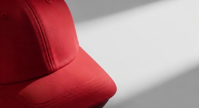 Red baseball cap resting against white background with sharp directional light and macro texture for apparel retail marketing