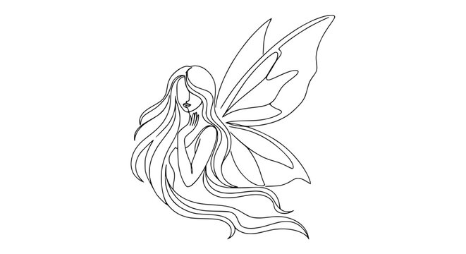 Continuous Line Drawing of a Fairy with Flowing Hair and Butterfly Wings