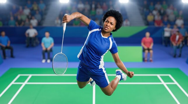 Professional Female Badminton Player Jumping for a Powerful Smash on the Court