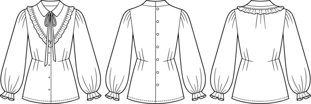 Fashion technical sketch of women blouse with ruffle details collar bow and bishop sleeves front and back views