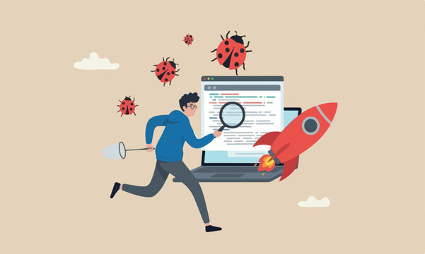 Programming big software concept, young nerd programmer, coder or software tester running from computer laptop using debugging tools to catch ladybugs