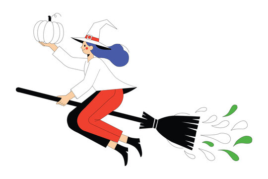 Young witch flying on a broomstick holding a pumpkin