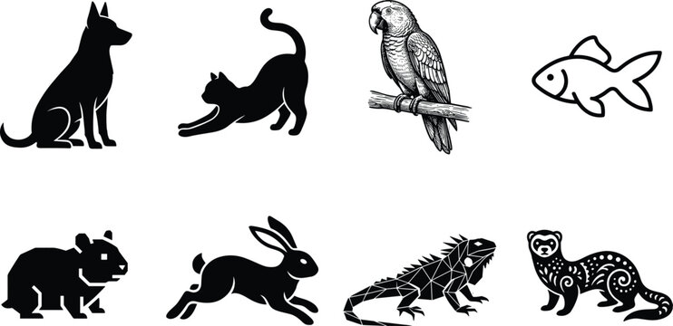 Set of black silhouettes and illustrations depicting various popular household pets and domestic animals collection