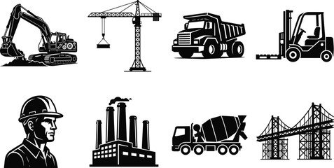 Obraz premium Set of black silhouettes featuring construction machinery, heavy industry equipment, building infrastructure, and site worker icons