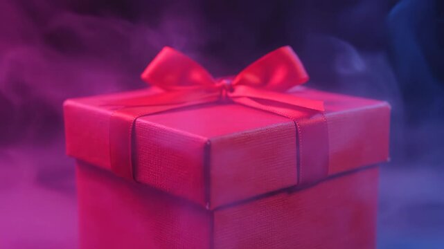 A pink gift box with a red bow amidst ethereal smoke, lit with pink and purple hues