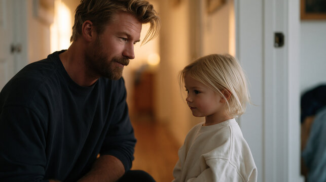 stepfather kneeling at eye level with young child in hallway, firm but calm expression during apparent boundary conversation, discipline without authority conflict, stepparent