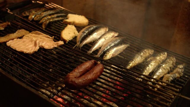 Grilled Sardines Chorizo Sausage and Pork Bifanas Street Food at Santos Populares Lisbon Portugal Shot with Cinema Camera