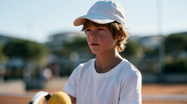 Young tennis player stands at baseline bouncing ball repeatedly before serve match pressure visible in tight jaw posture youth sports performance anxiety pre-serve ritual junior