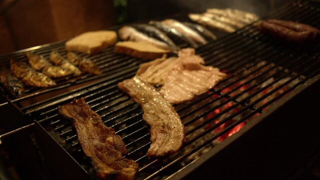 Portuguese Festival Food with Grilled Sardines Chorizo Sausage and Pork Bifanas Lisbon Portugal Shot with Cinema Camera