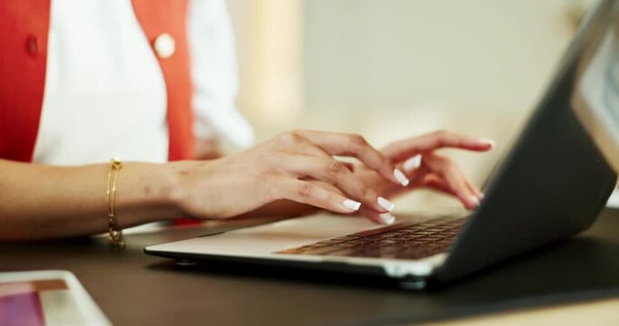 Woman, hands or web designer typing with laptop in home for remote work, project or network. Female person, freelancer or schedule with computer for creative planning, website layout or functionality