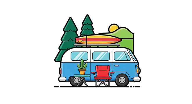 Colorful camper van with surfboard.