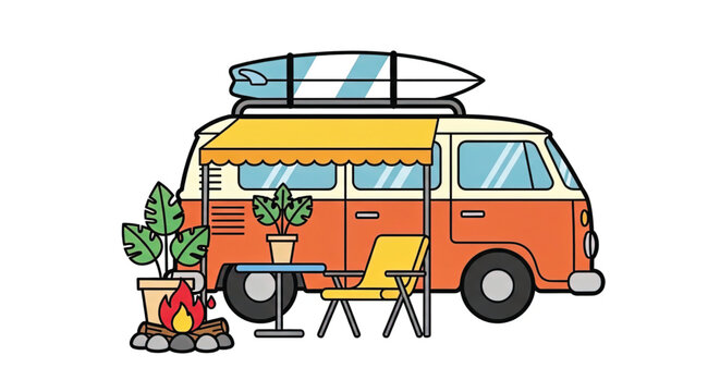 Colorful camper van with surfboard.