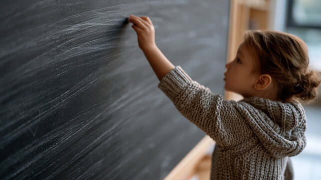 black chalkboard empty clean surface in elementary school classroom during first week of autumn semester with small child perspective showing tiny hand reaching upward with chalk