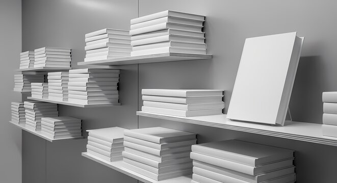 White book stacks displayed on minimalist wall shelves in a modern studio with sharp focus for publishing industry and library branding