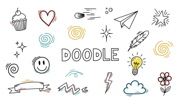 Doodle sketches of playful icons scattered on white background