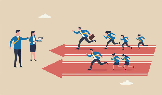 Business competition, or rivalry competitors to victory, performance employees concept, businessman and woman meeting team compete running arrow red racetrack