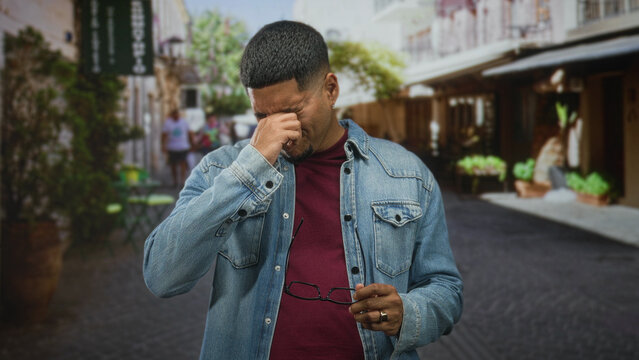 Hispanic man with beard holding eyeglasses and rubbing eyes in a cobbled street wearing denim jacket and maroon shirt; fatigue inconvenience.