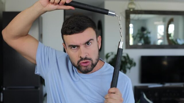 Man pretending to know martial arts 