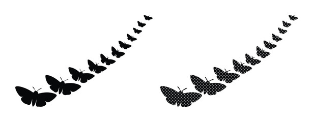 Black butterfly silhouette trail vector, flying insect swarm in curved motion, decorative butterfly flight path icons on white background © Asma