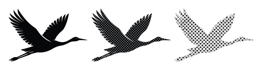 Fototapeta premium Minimalist flying crane silhouettes, set of 3 elegant bird icons in flight, black stork vector graphics with halftone and solid textures