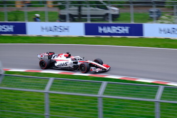 Naklejka premium May 24, 2026, Montreal, Canada - Haas Formula 1 car on track by Ocon and Bearman at Circuit Gilles Villeneuve. g.