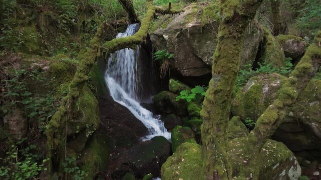 Cascada de Santo Estevo do Ermo Waterfall In Barreiros, Galicia, Spain. Tracking Shot