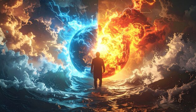 A figure walks toward a split Earth engulfed in fire and ice, amidst turbulent waters and stormy skies