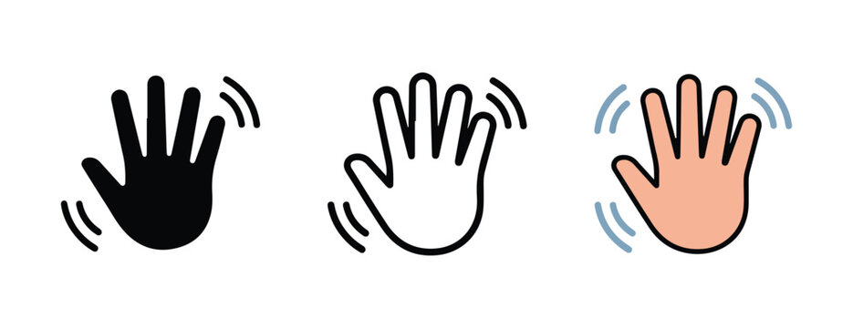 Three waving hands in different colors on white background for communication and gesture concepts  hand gestures icons