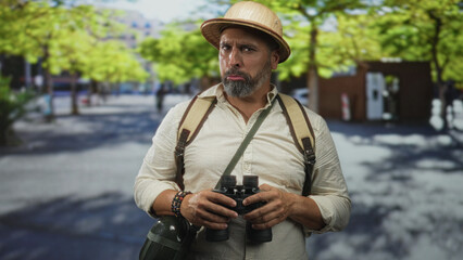 Fototapeta premium Man holding binoculars and wearing pith helmet and backpack in sunlit street plaza, pursed lips expression; curiosity travel exploration.
