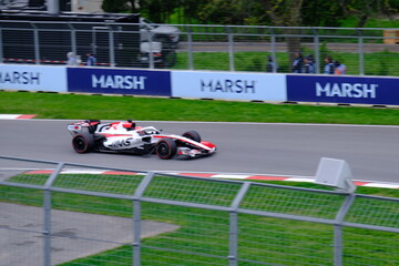 Naklejka premium May 24, 2026, Montreal, Canada - Haas Formula 1 car on track by Ocon and Bearman at Circuit Gilles Villeneuve. g.