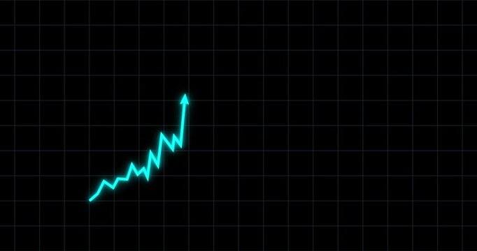 Chart arrow blue glow irregular shape goes up and down. Graph rising fast. Business cartoon animation. Economy metaphor. Speed up slow down graph acceleration dark grid screen business backgound.
