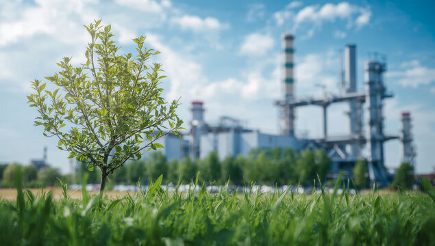 Tree growing beside industry, symbolizing environmental recovery, green innovation, and responsible production.
