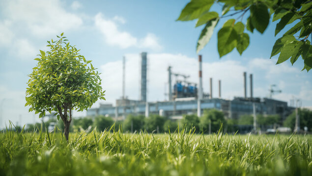 Green tree in front of factory, symbolizing eco awareness, cleaner industry, and environmental protection.