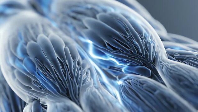 Muscle cells gradually expanding and strengthening, transparent cellular structures pulsing with soft energy waves