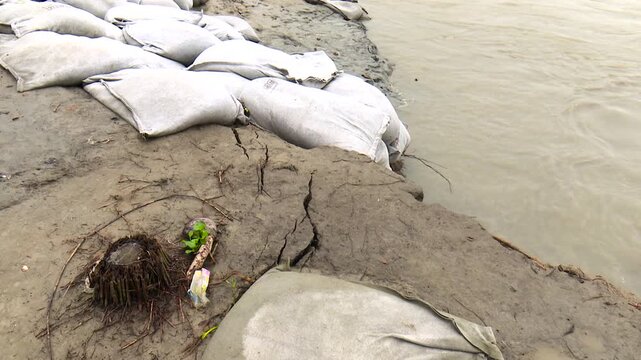 Geotextile Sandbags Used for River Erosion Control Along the Padma River