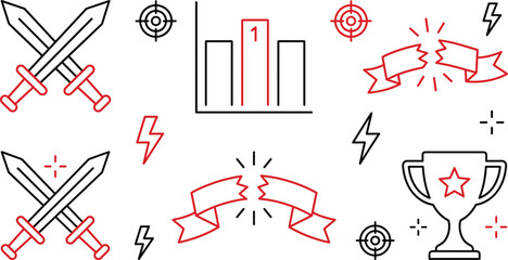Competition esports leaderboard and trophy icon set for gaming championship achievement record breaking tournament designs © MstBabli